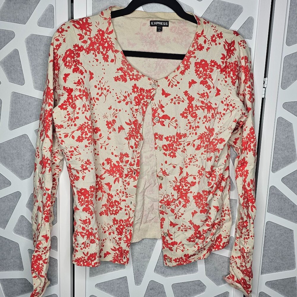 Express Button Down Orange Floral Print Sweater Cardigan Long Sleeve Large